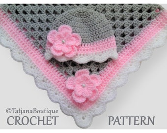 Crochet Pattern Baby Blanket and Hat, crochet baby blanket pattern, baby blanket crochet pattern, baby hat crochet pattern, PDF #67