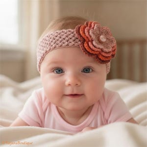 May include: A crochet headband in a dusty pink hue featuring a layered flower embellishment. The flower consists of petals in shades of light pink, terracotta, and dark orange, centered with a small, round, light-colored button detail.