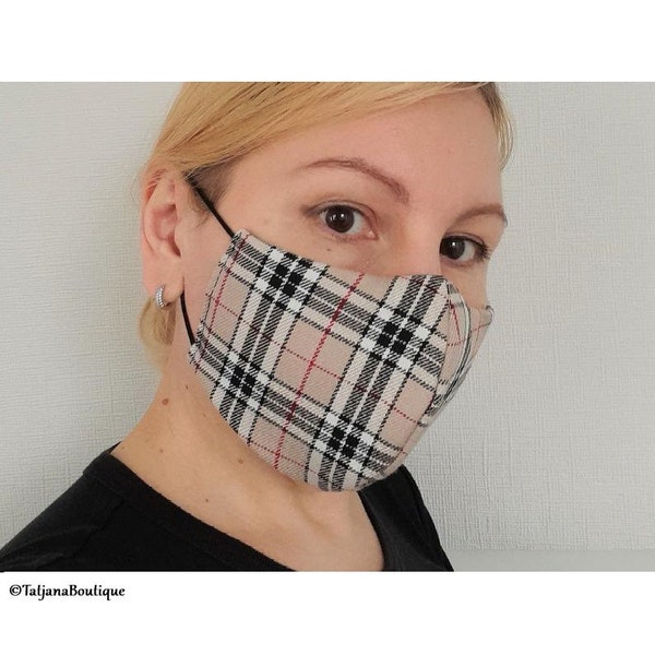 Face Mask Washable, Nose Wire, Unisex Cotton Face Mask Covering, Breathable, Washable, Reusable, Check Beige Black Face Mask, 3 Sizes, UK