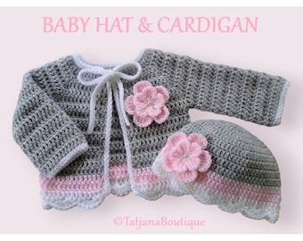 Crochet Pattern Baby Cardigan and Hat, crochet baby pattern, grey pink baby sweater cardigan hat crochet pattern, crochet flowers PDF #50