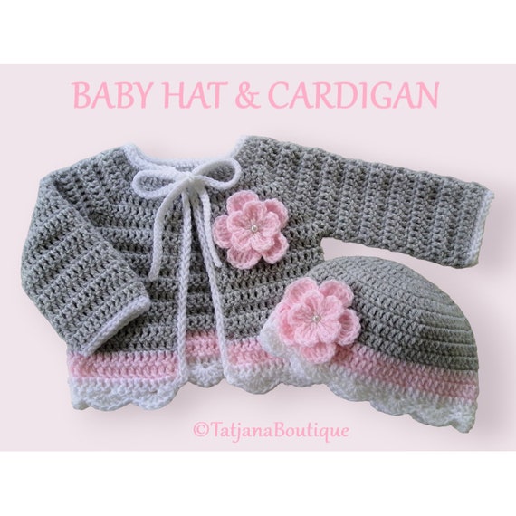 Crochet Pattern Baby Cardigan and Hat, crochet baby pattern, grey pink baby sweater cardigan hat crochet pattern, crochet flowers PDF #50