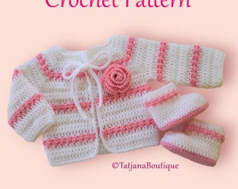 Crochet Pattern Baby Cardigan and Booties, crochet baby cardigan booties pattern, baby sweater booties pattern, crochet flower PDF #109.