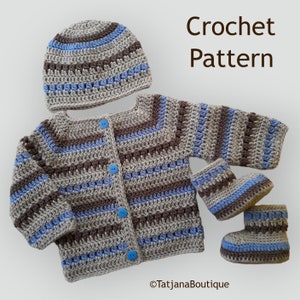 May include: Crochet pattern for a baby sweater, hat and booties. The set is made in brown and blue stripes with blue buttons.