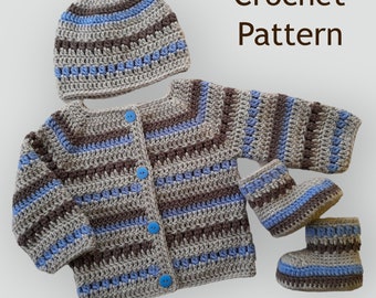 Crochet Pattern Baby Cardigan, Hat and Booties, crochet baby cardigan sweater hat shoes pattern, crochet baby clothes set pattern, PDF #199.