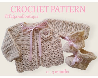 Crochet Pattern Baby Cardigan and Booties, crochet baby clothes pattern, baby cardigan shoes crochet pattern, crochet flower pattern PDF#105