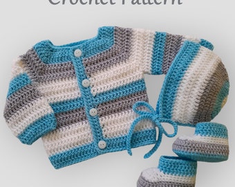 Cardigan, cuffia e stivaletti per bambini con motivo all'uncinetto, modello di scarpe con cuffia per maglione per bambini all'uncinetto, modello di set di vestiti per bambini all'uncinetto, PDF #189.