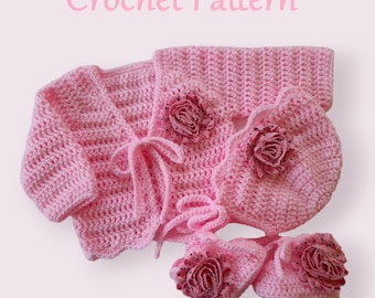 Crochet Pattern Baby Cardigan, Bonnet and Booties, crochet baby cardigan sweater hat shoes pattern, crochet baby clothes pattern PDF #194