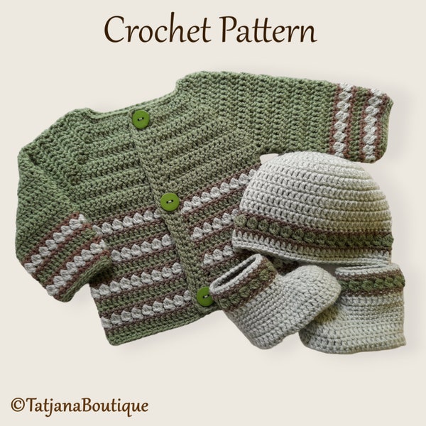 Crochet Pattern Baby Cardigan, Hat and Booties, crochet baby cardigan sweater hat shoes pattern, crochet baby clothes set pattern, PDF #132.