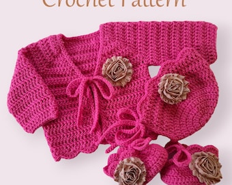 Crochet Pattern Baby Cardigan, Bonnet and Booties, crochet baby cardigan sweater hat shoes pattern, crochet baby clothes pattern PDF #193