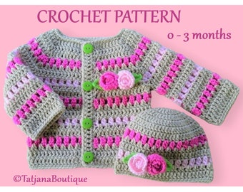 Crochet Pattern Baby Cardigan and Hat, baby cardigan hat crochet pattern, beige baby sweater hat pattern, crochet flowers pattern PDF #56