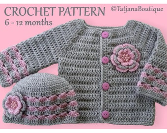 Crochet Pattern Baby Cardigan and Hat, baby cardigan hat crochet pattern, baby grey pink sweater hat crochet pattern, flower pattern PDF #51