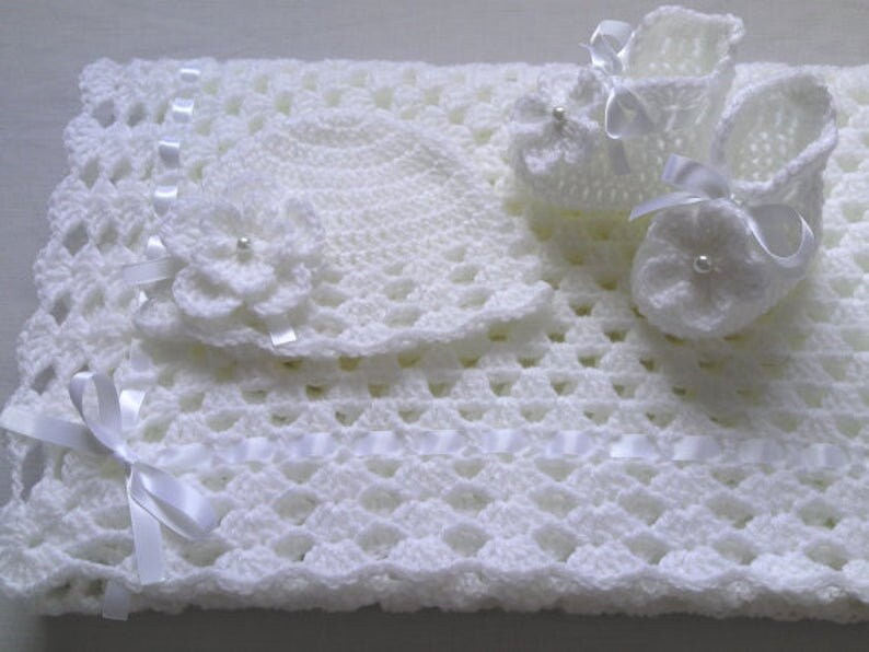 gift baby shower Crochet PATTERN Baby Blanket christening baptism baby white afghan baby shower PDF file #32 Hat and Booties Set