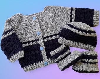 Cardigan per bambini, cappello e stivaletti con motivo all'uncinetto, modello di scarpe per cappello maglione cardigan per bambini all'uncinetto, modello di set di vestiti per bambini all'uncinetto, PDF #134.