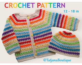 Crochet Pattern Toddler Rainbow Cardigan and Hat, Rainbow Crochet Cardigan Pattern, rainbow sweater and hat pattern size 12 - 18 m, PDF #137