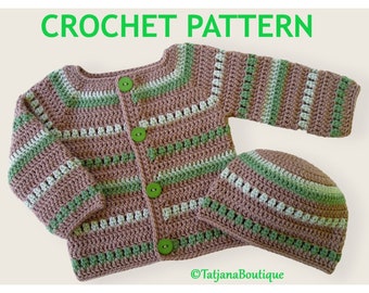 Crochet Pattern Baby Cardigan and Hat Set, baby crochet pattern, baby beige sage green sweater and hat, baby cardigan hat pattern PDF #71