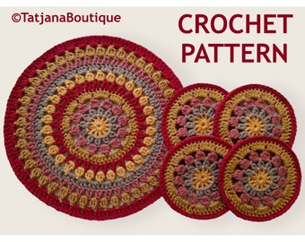 Crochet Pattern Mandala Table Mat and Coasters Set, coasters crochet pattern, mandala crochet pattern, table mat crochet pattern PDF # 142