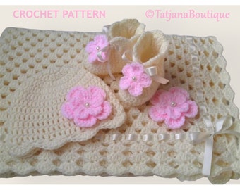 Crochet Pattern Baby Blanket, Hat and Booties, crochet baby blanket pattern, crochet baby hat booties pattern, crochet flowers pattern PDF24