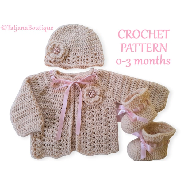 Crochet Pattern Baby Cardigan Hat and Booties, new baby gift, beige pink baby sweater hat shoes crochet pattern, crochet flowers, PDF #84