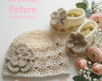 Crochet Baby Hat and Booties Pattern, Flower Design, PDF #27