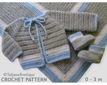 Crochet Pattern Baby Blanket, Cardigan and Booties, crochet baby clothes pattern, white baby blue grey blanket, baby boy pattern PDF #91.