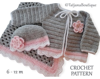 Crochet pattern Baby Blanket, Hat and Cardigan, baby blanket sweater hat crochet pattern, grey pink white baby blanket set pattern PDF #55