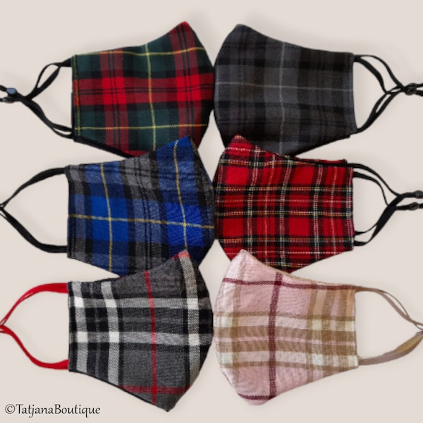 Tartan Face Mask Washable, Nose Wire, Check Cotton Unisex Face Mask Covering, Breathable, Reusable Teen Women Men Face Mask
