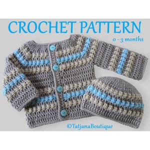 Crochet Pattern Baby Cardigan and Hat, Baby Cardigan Crochet Pattern, baby grey beige turquoise sweater hat, baby hat crochet pattern PDF 69