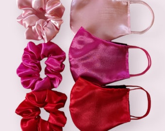 Satin Silk Face Mask, Satin Scrunchie, Satin Cotton Face Mask Wedding, Satin Pastel Pink Red Silk Face Mask, Satin Pink Red Silk Scrunchies
