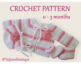 Crochet Pattern Baby Cardigan Bonnet Booties, crochet baby cardigan hat booties pattern, baby white pink sweater booties pattern PDF #101.