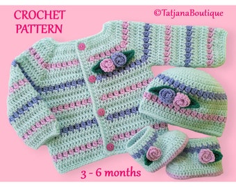 Crochet Pattern Baby Cardigan, Hat and Booties, crochet baby cardigan sweater hat shoes pattern, crochet flowers leaves pattern PDF #122