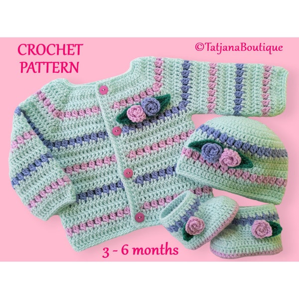 Crochet Pattern Baby Cardigan, Hat and Booties, crochet baby cardigan sweater hat shoes pattern, crochet flowers leaves pattern PDF #122