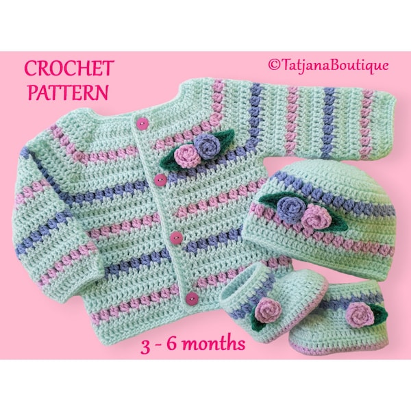 Häkelanleitung Baby Cardigan, Mütze und Schühchen, Baby Strickjacke, gehäkelte Blumen Blätter PDF #122