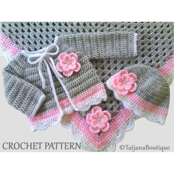 Crochet Pattern Baby Blanket, Hat and Cardigan Set, gift for new baby, baby shower, white baby pink grey blanket, baby sweater PDF file #52