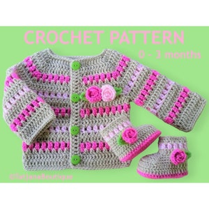 Crochet Pattern Baby Cardigan and Booties, new baby gift, beige pink baby sweater shoes crochet pattern, crochet flowers pattern, PDF #87