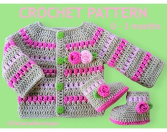 Crochet Pattern Baby Cardigan and Booties, new baby gift, beige pink baby sweater shoes crochet pattern, crochet flowers pattern, PDF #87