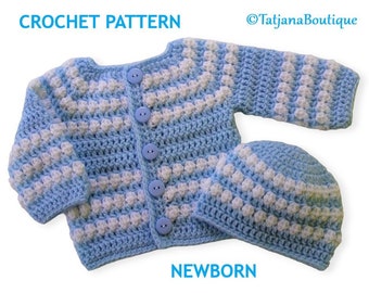 Crochet Pattern Baby Cardigan and Hat, baby gift pattern, baby blue white crochet sweater and hat, tutorial baby cardigan and hat PDF #76