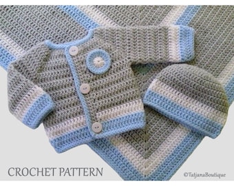 Crochet Pattern Baby Blanket, Hat and Cardigan Set, crochet baby clothes pattern, white baby blue grey blanket, baby boy pattern PDF #81.