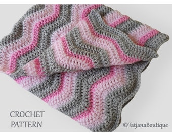 Crochet PATTERN Baby Rippled Blanket, Ripple Blanket Crochet Pattern, grey pink baby blanket crochet pattern, baby crochet pattern PDF #58