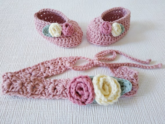 Crochet baby headband and booties tie back cotton boho | Etsy
