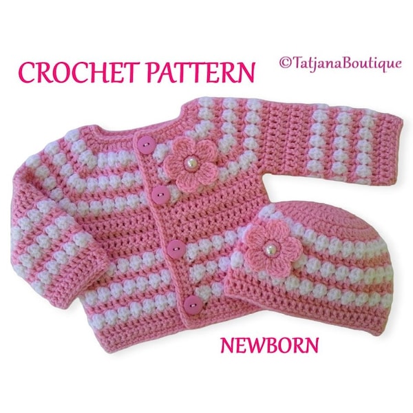 Crochet Pattern Baby Sweater and Hat, baby gift baby shower, baby pink white sweater and hat pattern, baby cardigan and hat pattern PDF #74