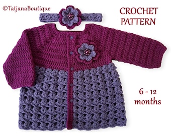 Crochet Pattern Baby Cardigan Dress and Headband, crochet baby girl cardigan dress pattern, baby headband crochet pattern, PDF #162.