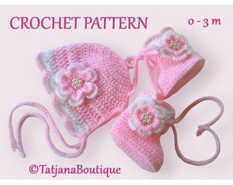 Crochet Pattern Baby Bonnet and Booties, gift baby shower, pink white baby bonnet booties, digital pattern tutorial baby hat booties PDF #77