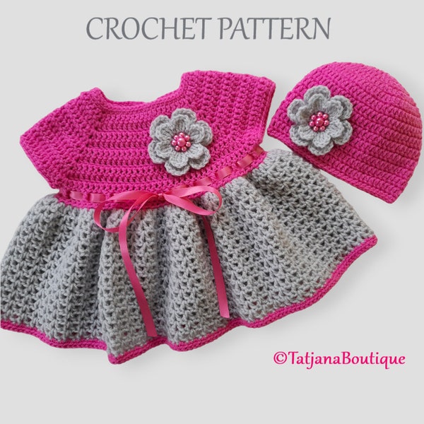Crochet Pattern Baby Dress and Hat, crochet baby girl hat and dress pattern, baby girl crochet pattern, crochet flowers pattern, PDF #148.