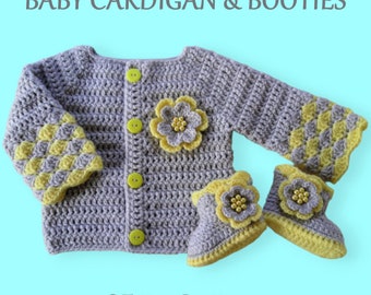 Ensemble cardigan et chaussons pour bébé au crochet, cadeau de baby shower, cardigan et chaussons gris jaune, ensemble de vêtements pour bébé, vêtements pour bébé fille au crochet.