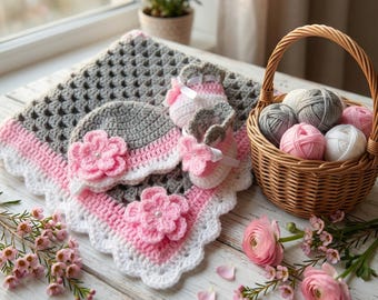 Crochet Pattern Baby Blanket, Hat and Booties, Handmade Baby Set, PDF43