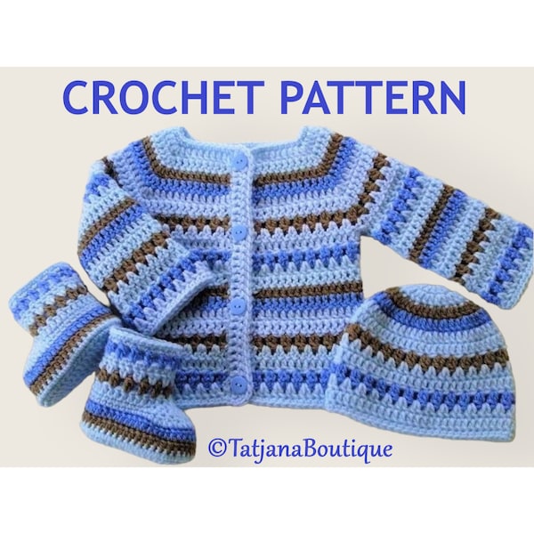 Modèle au crochet pour cardigan bébé, bonnet et chaussons, modèle de chaussures pour chapeau et cardigan pour bébé au crochet, modèle d'ensemble de vêtements pour bébé au crochet, PDF #133.