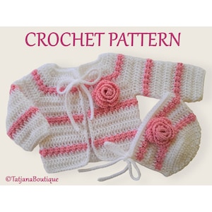 Crochet Pattern Baby Cardigan Bonnet, crochet baby cardigan hat pattern, baby white sweater bonnet pattern, crochet flower pattern PDF #108