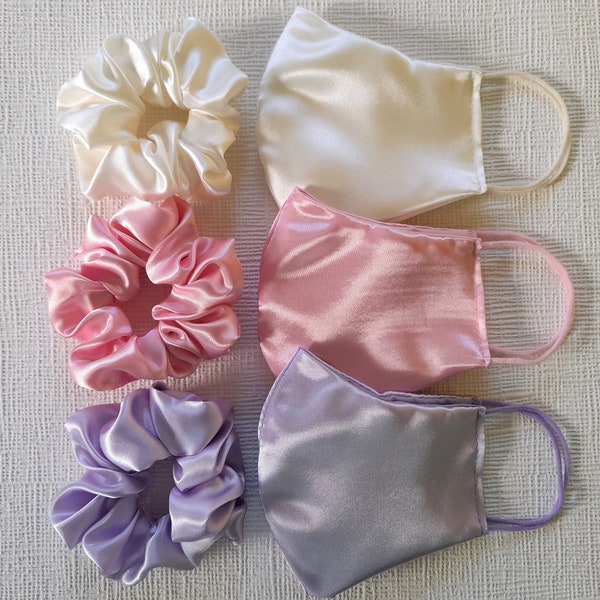 Satin Silk Face Mask, Satin Scrunchie, Satin Cotton Bridesmaid Face Mask, Satin Cream Pink Lilac Face Mask, Cream Pink Lilac Scrunchies UK