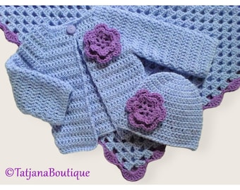 Crochet Pattern Baby Blanket, Hat and Cardigan, crochet baby clothes pattern, baby lilac purple blanket, baby sweater hat pattern PDF #33