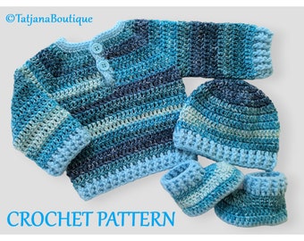 Crochet Pattern Baby Sweater, Hat and Booties, crochet baby jumper sweater hat shoes pattern, crochet baby clothes set pattern, PDF #184.